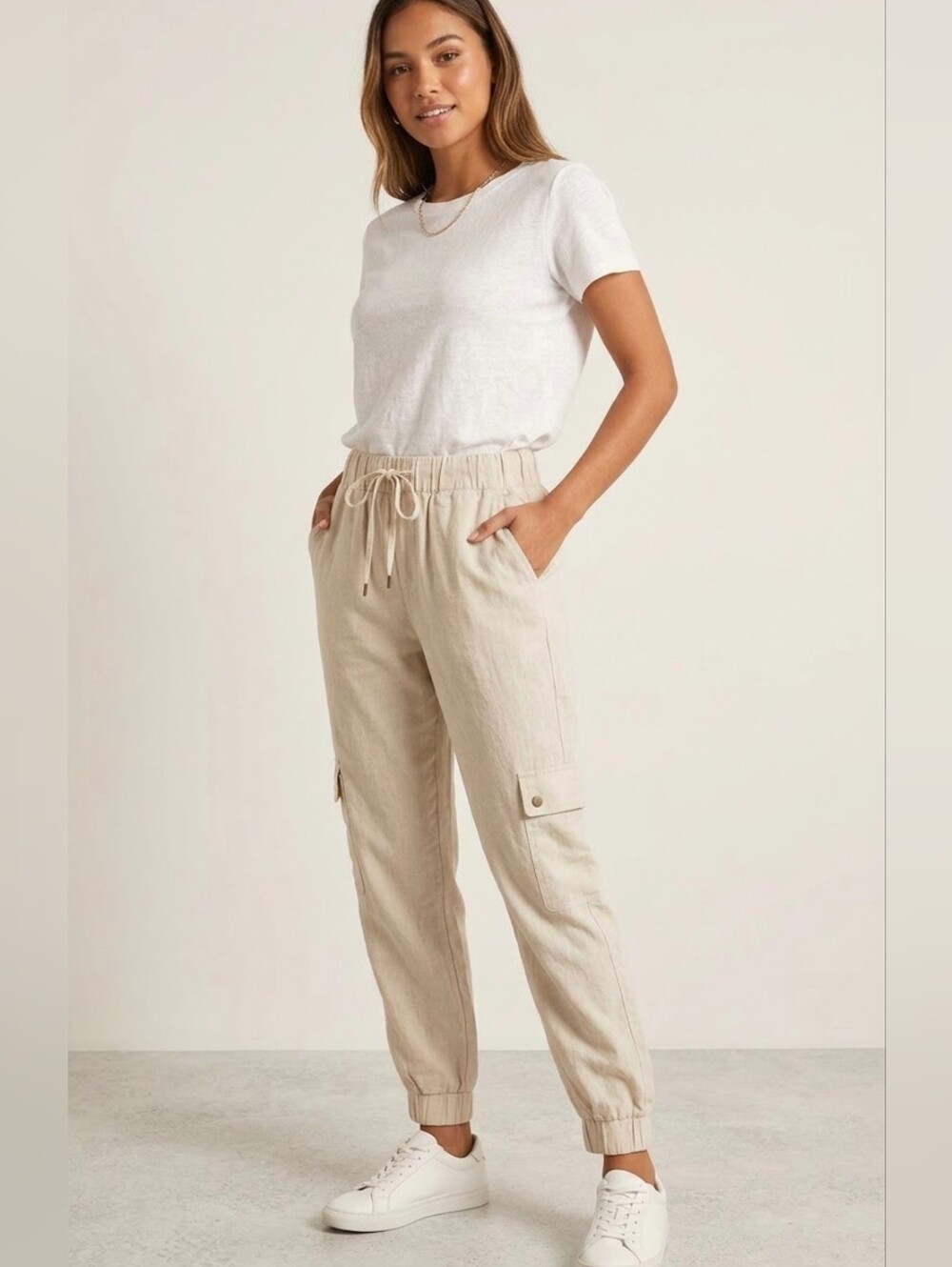 Saks Fifth Avenue Linen Pants Size M Medium Khaki Joggers Cuffed Ankle Jeans NWT